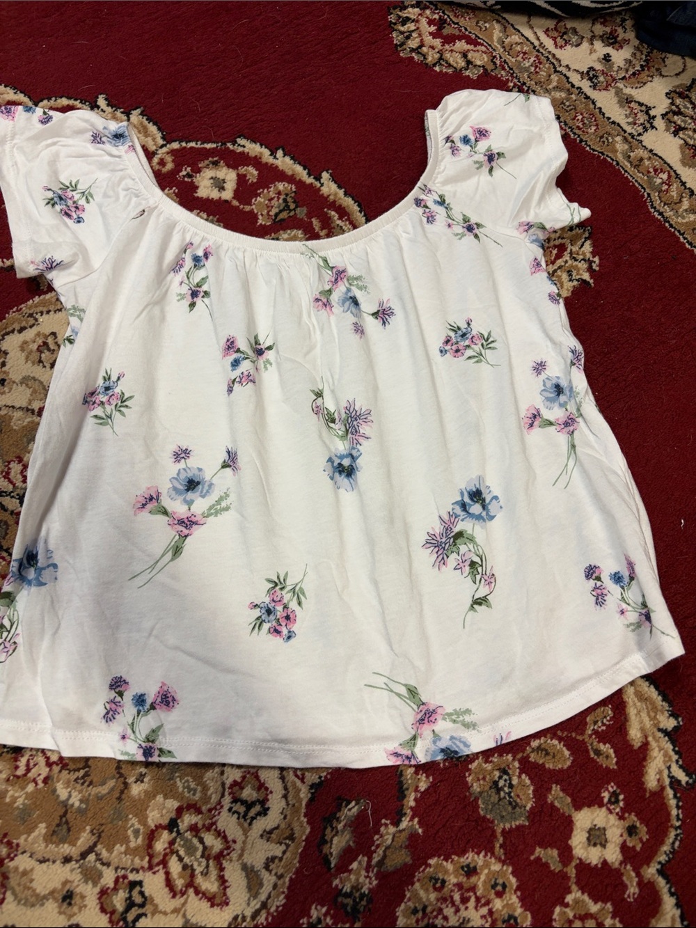 Garage White Scoop Neck Floral Tunic with Pink & Blue Blooms